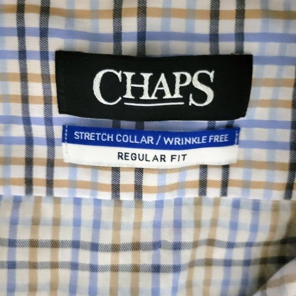 Chaps Stretch Collar Wrinkle Free Button Down Shirt 18.5 34/35 White Blue Yellow - Picture 3 of 3